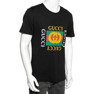 Gucci Black Cotton Logo Printed Distressed Crew Neck Short Sleeve T-Shirt